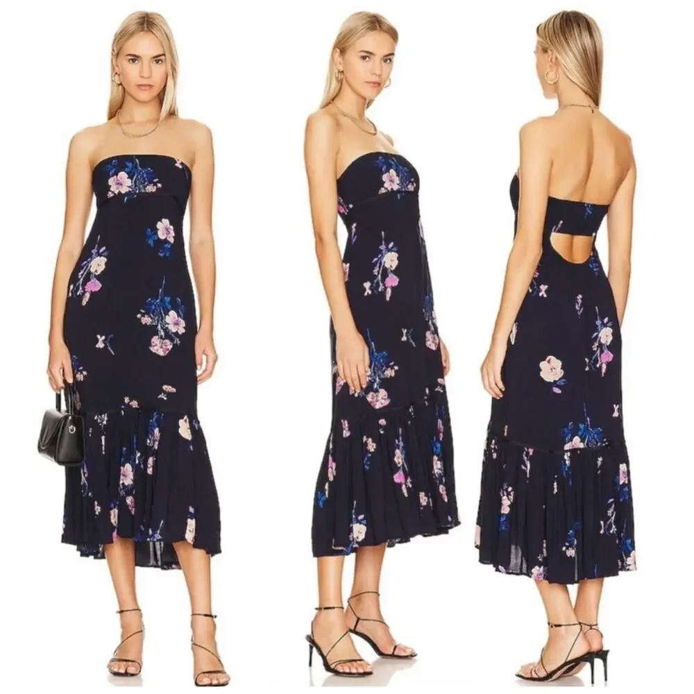 Free People Bohemian Rosie Posie Strapless Midi Dress Blue Floral Size Medium